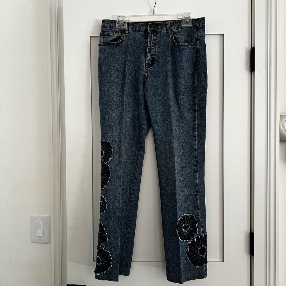DG2 Diane Gilman Women's Stretch Embroidered Blue Jeans with Floral Accents
